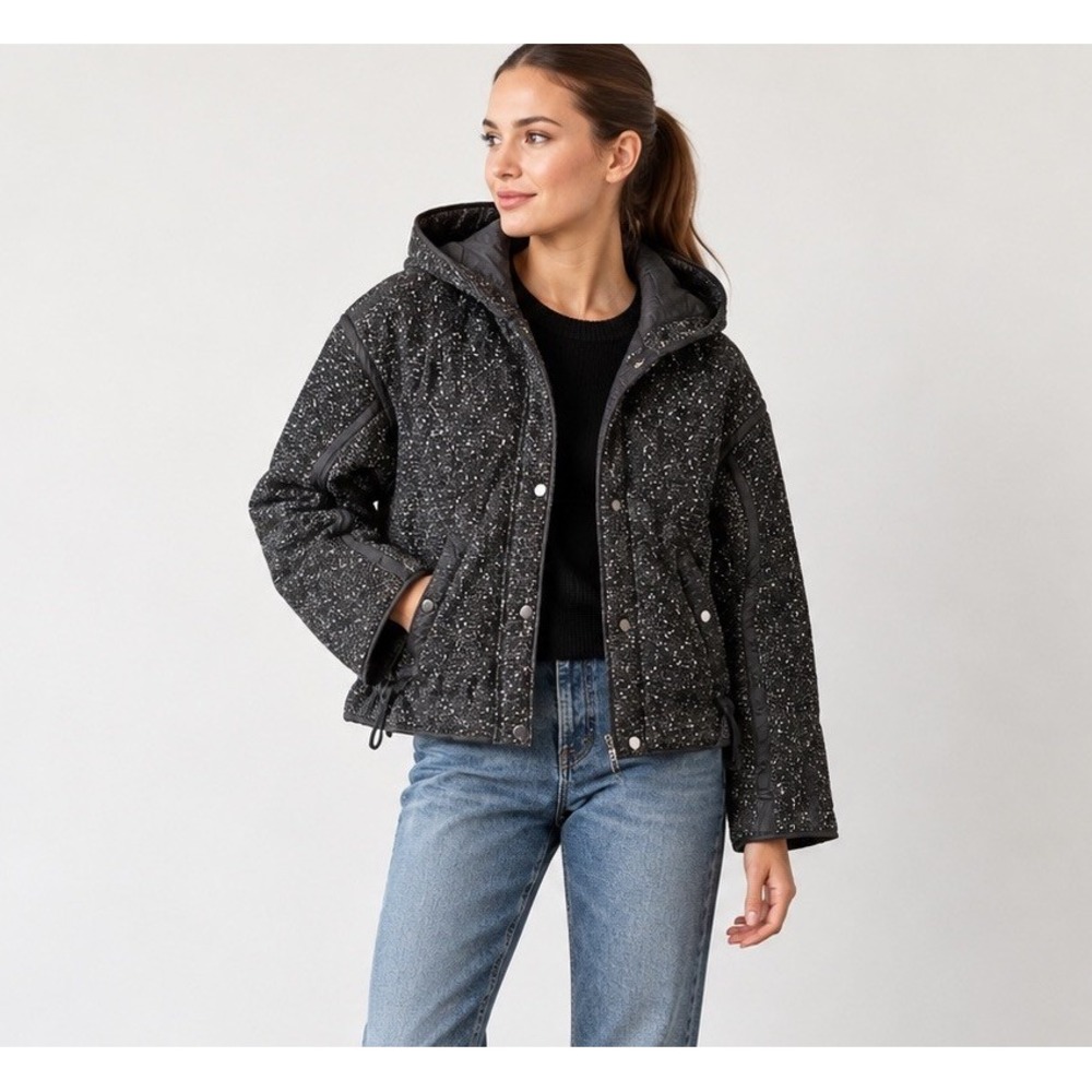 ZARA Textured Boucle Bomber Jacket Size S Black Metallic Boxy Hooded Puffer